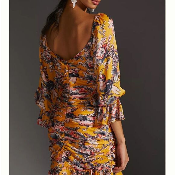 Anthropologie Ranna Gill Ruched Floral Long Sleeve Mini Dress Size XXS NWT - Picture 9 of 13